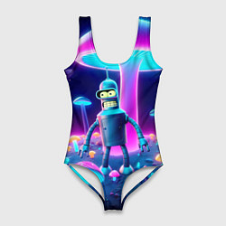 Купальник-боди 3D женский Робот-сгибальщик Бендер на поляне неоновых грибов, цвет: 3D-принт
