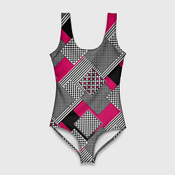 Купальник-боди 3D женский Красно черная абстрактная геометрия пэчворк, цвет: 3D-принт