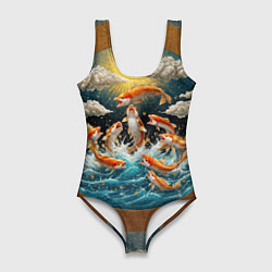 Купальник-боди 3D женский Большие золотистые рыбы выпрыгивают из воды, цвет: 3D-принт