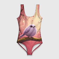 Купальник-боди 3D женский Сиреневая птица в розовом цветущем лесу, цвет: 3D-принт