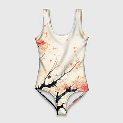 Женский купальник-боди Чёрное дерево с цветами абстракция