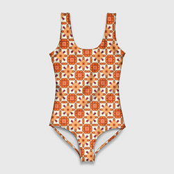 Женский купальник-боди Оранжевая цветочно-геометрическая текстура