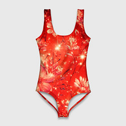 Купальник-боди 3D женский Цветочный красный с искрами, цвет: 3D-принт