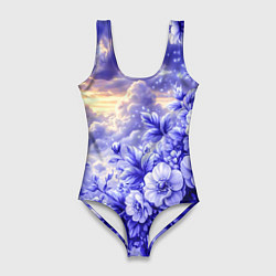 Купальник-боди 3D женский Сине-сиреневый цветы на фоне облаков, цвет: 3D-принт