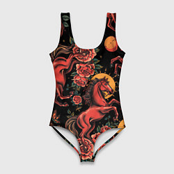 Женский купальник-боди Красная лошадь с розами