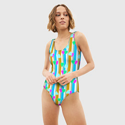 Купальник-боди 3D женский Полосатый с сердечками ретро в горошек, цвет: 3D-принт — фото 2