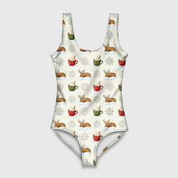 Женский купальник-боди Зимний паттерн с оленем и чашками какао