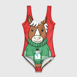 Купальник-боди 3D женский Новогодняя лошадка в зеленом свитере, цвет: 3D-принт