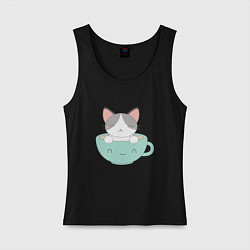 Майка женская хлопок Чайный котик, цвет: черный