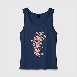 Майка женская хлопок Весна Цветущая сакура Japan, цвет: тёмно-синий