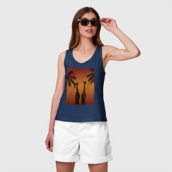 Майка женская хлопок Жирафы и пальмы на закате, цвет: тёмно-синий — фото 2
