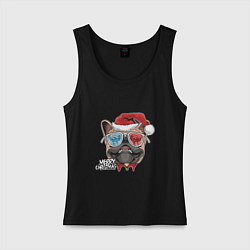 Майка женская хлопок Pug christmas, цвет: черный