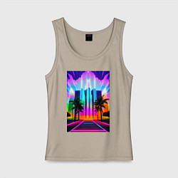 Майка женская хлопок Пальмы и неоновые огни, цвет: миндальный