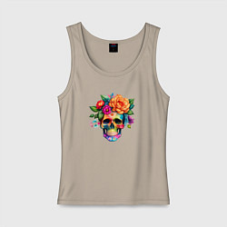 Майка женская хлопок Череп с цветами в мексиканском стиле, цвет: миндальный
