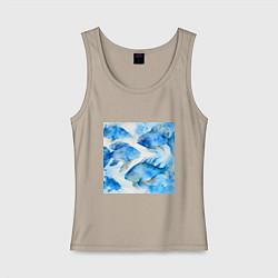 Майка женская хлопок Акварельные синие рыбки, цвет: миндальный