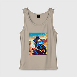 Майка женская хлопок Мотоциклист в пустыне, цвет: миндальный
