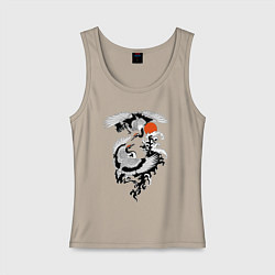 Майка женская хлопок Японские журавли брачный танец, цвет: миндальный