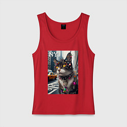 Майка женская хлопок Пирсинг Нью-Йоркского кота - нейросеть, цвет: красный