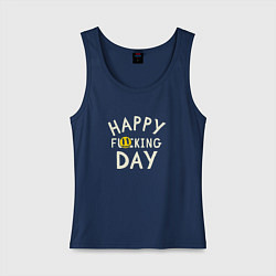 Майка женская хлопок Happy f**king day - надпись и смайл, цвет: тёмно-синий