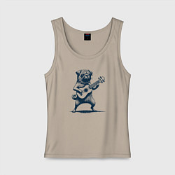 Майка женская хлопок Мопс с гитарой укулеле, цвет: миндальный