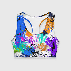 Женский спортивный топ Брызги и мазки разноцветных красок на белом фоне