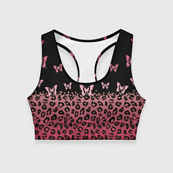 Топик спортивный женский Леопардовый паттерн и бабочки на пурпурно-черном ф, цвет: 3D-принт