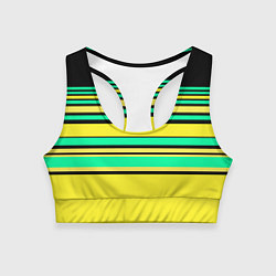Топик спортивный женский Разноцветный черно желтый с зеленым полосатый узор, цвет: 3D-принт