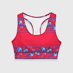 Топик спортивный женский Голубая гжель на красном фоне, цвет: 3D-принт