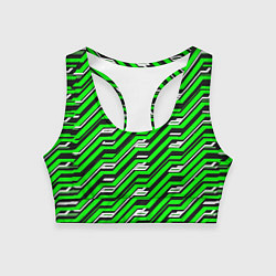 Топик спортивный женский Чёрно-зелёный линейный узор киберпанк, цвет: 3D-принт