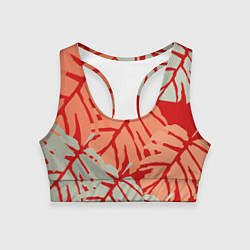 Топик спортивный женский Отпечатки монстеры на красном, цвет: 3D-принт