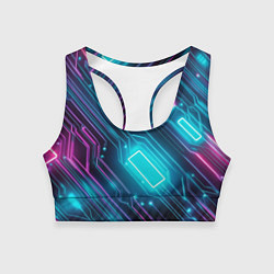 Топик спортивный женский Неоновый узор киберпанк микросхемы, цвет: 3D-принт