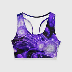 Топик спортивный женский Силуэты цветов на темном фоне - фиолетовое свечени, цвет: 3D-принт