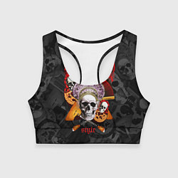 Женский спортивный топ Череп в кокошнике на фоне матрёшек и балалаек