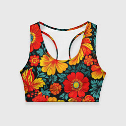 Топик спортивный женский Русская хохлома с цветами, цвет: 3D-принт