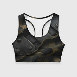 Топик спортивный женский Порванная камуфляжная ткань с металлом, цвет: 3D-принт