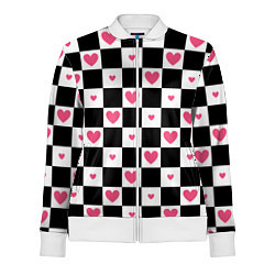 Женская олимпийка Розовые сердечки на фоне шахматной черно-белой дос