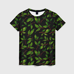 Футболка женская Яркие зеленые листья на черном фоне, цвет: 3D-принт