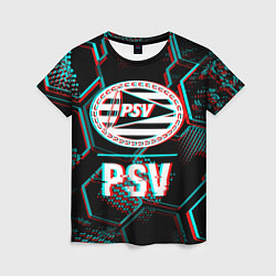 Футболка женская PSV FC в стиле Glitch на темном фоне, цвет: 3D-принт