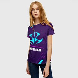 Футболка женская Символ Hitman в неоновых цветах на темном фоне, цвет: 3D-принт — фото 2