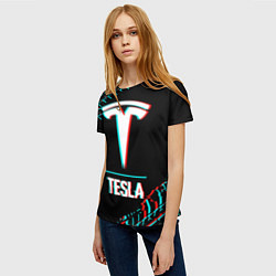 Футболка женская Значок Tesla в стиле Glitch на темном фоне, цвет: 3D-принт — фото 2