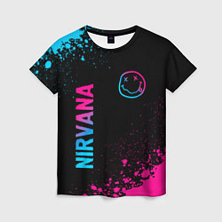 Футболка женская Nirvana - neon gradient: символ и надпись вертикал, цвет: 3D-принт