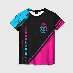 Футболка женская Real Madrid - neon gradient: символ и надпись верт, цвет: 3D-принт