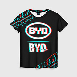 Футболка женская Значок BYD в стиле glitch на темном фоне, цвет: 3D-принт