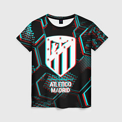 Футболка женская Atletico Madrid FC в стиле glitch на темном фоне, цвет: 3D-принт