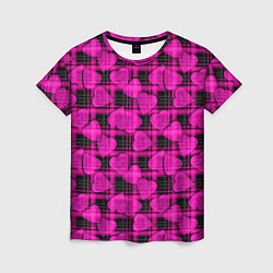 Футболка женская Black and pink hearts pattern on checkered, цвет: 3D-принт