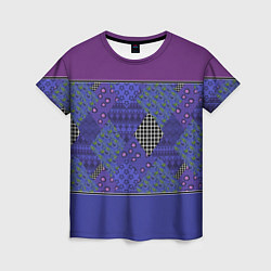 Футболка женская Combined burgundy-blue pattern with patchwork, цвет: 3D-принт