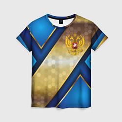 Футболка женская Золотой герб России на синем объемном фоне, цвет: 3D-принт