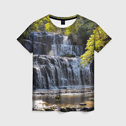 Женская футболка Водопад, солнечные лучи и лес