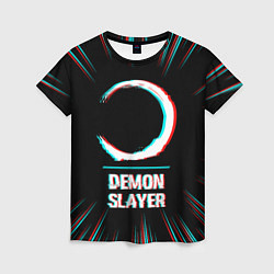 Футболка женская Символ Demon Slayer в стиле glitch на темном фоне, цвет: 3D-принт