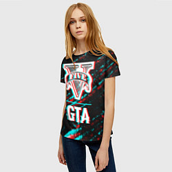 Футболка женская GTA в стиле glitch и баги графики на темном фоне, цвет: 3D-принт — фото 2
